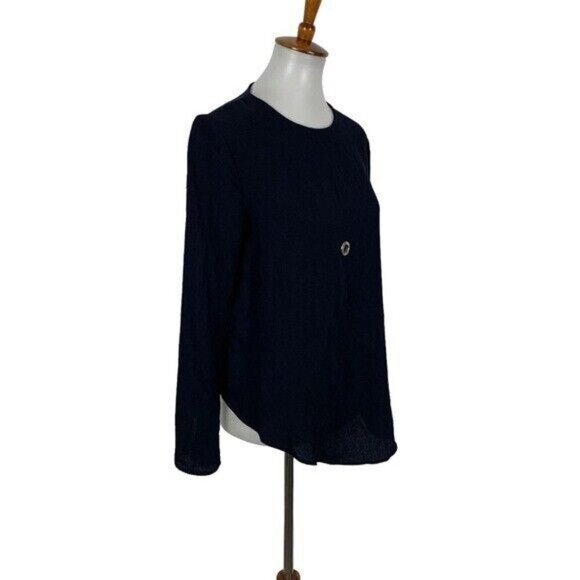 Zara Basic Collection Navy Asymmetrical Long Sleeve Blouse Grommet Detail XS - Picture 3 of 6